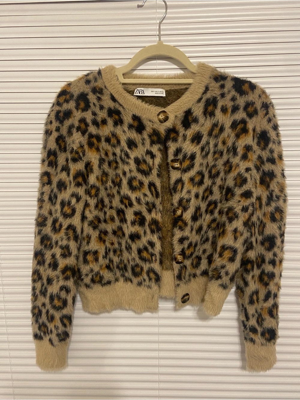Zara Fuzzy Leopard-Print Cardigan in Beige, Brown, Black